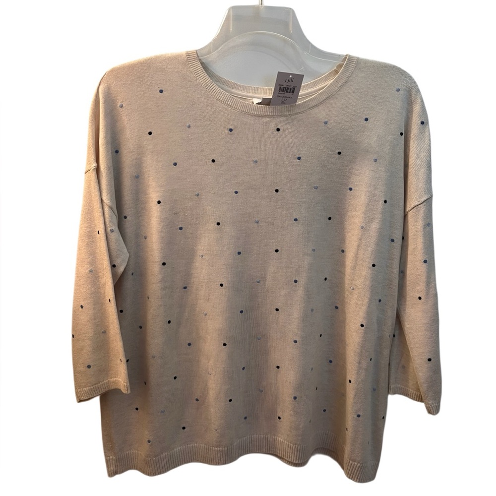 J. Jill Oatmeal Crew Neck Sweater with Navy and light Blue Polka Dots